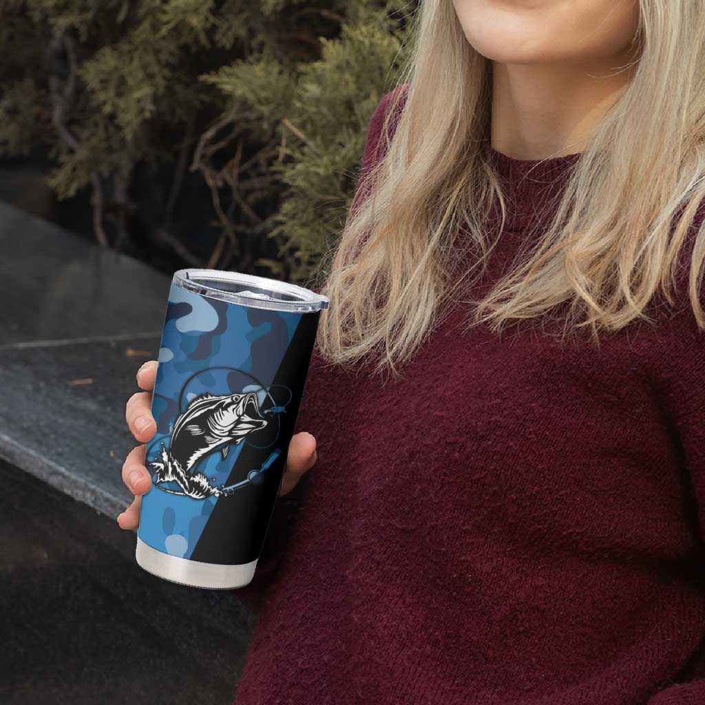 Custom Blue Camo Bass Fishing Tumbler Cup Fishing Rod Graphic Design - Wonder Print Shop
