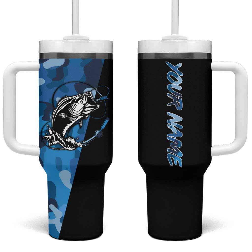 Custom Blue Camo Bass Fishing Tumbler With Handle Fishing Rod Graphic Design - Wonder Print Shop