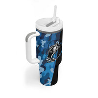 Custom Blue Camo Bass Fishing Tumbler With Handle Fishing Rod Graphic Design - Wonder Print Shop