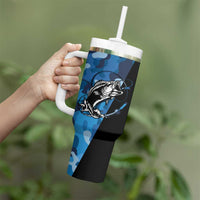 Custom Blue Camo Bass Fishing Tumbler With Handle Fishing Rod Graphic Design - Wonder Print Shop