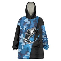 Custom Blue Camo Bass Fishing Wearable Blanket Hoodie Fishing Rod Graphic Design - Wonder Print Shop