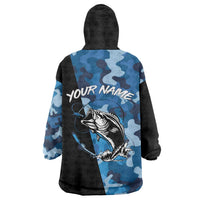 Custom Blue Camo Bass Fishing Wearable Blanket Hoodie Fishing Rod Graphic Design - Wonder Print Shop
