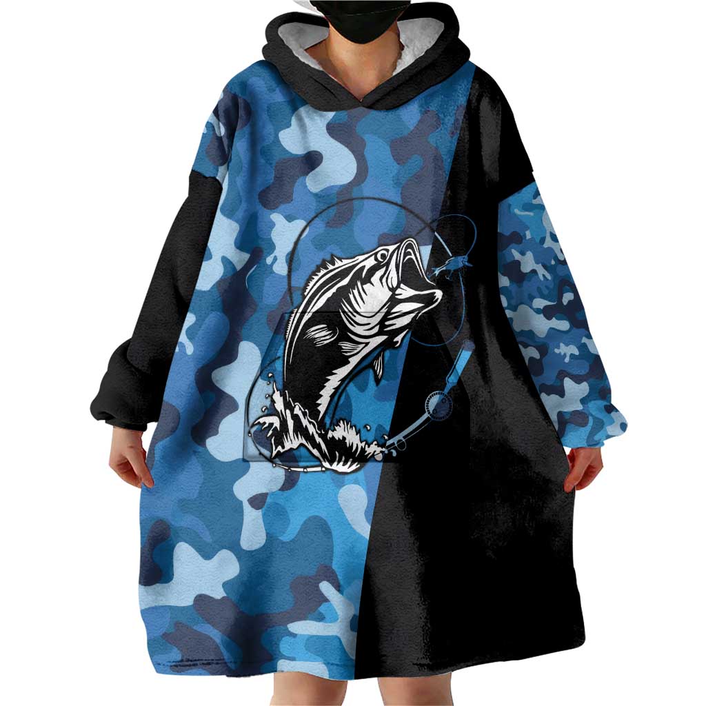 Custom Blue Camo Bass Fishing Wearable Blanket Hoodie Fishing Rod Graphic Design - Wonder Print Shop