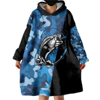 Custom Blue Camo Bass Fishing Wearable Blanket Hoodie Fishing Rod Graphic Design - Wonder Print Shop