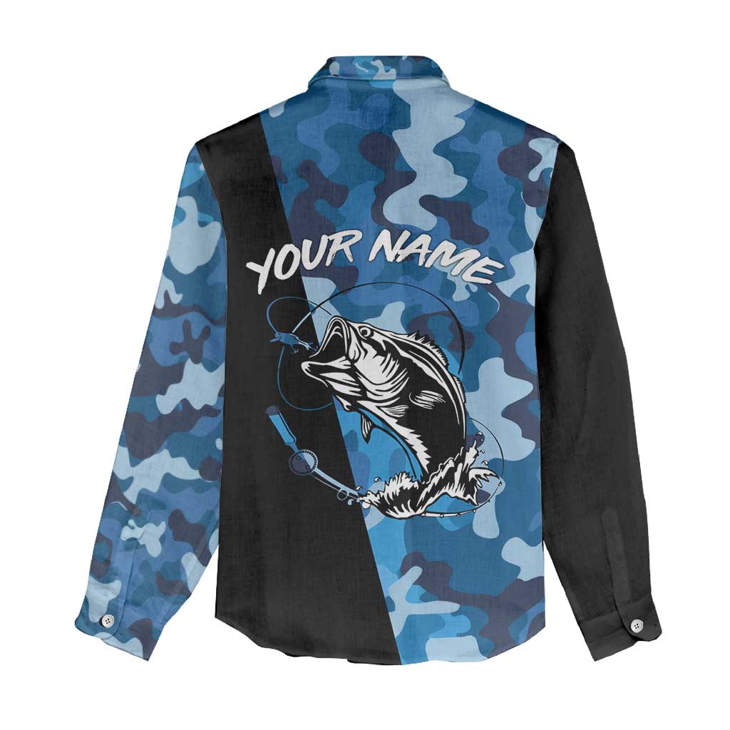 Custom Blue Camo Bass Fishing Women Casual Shirt Fishing Rod Graphic Design - Wonder Print Shop