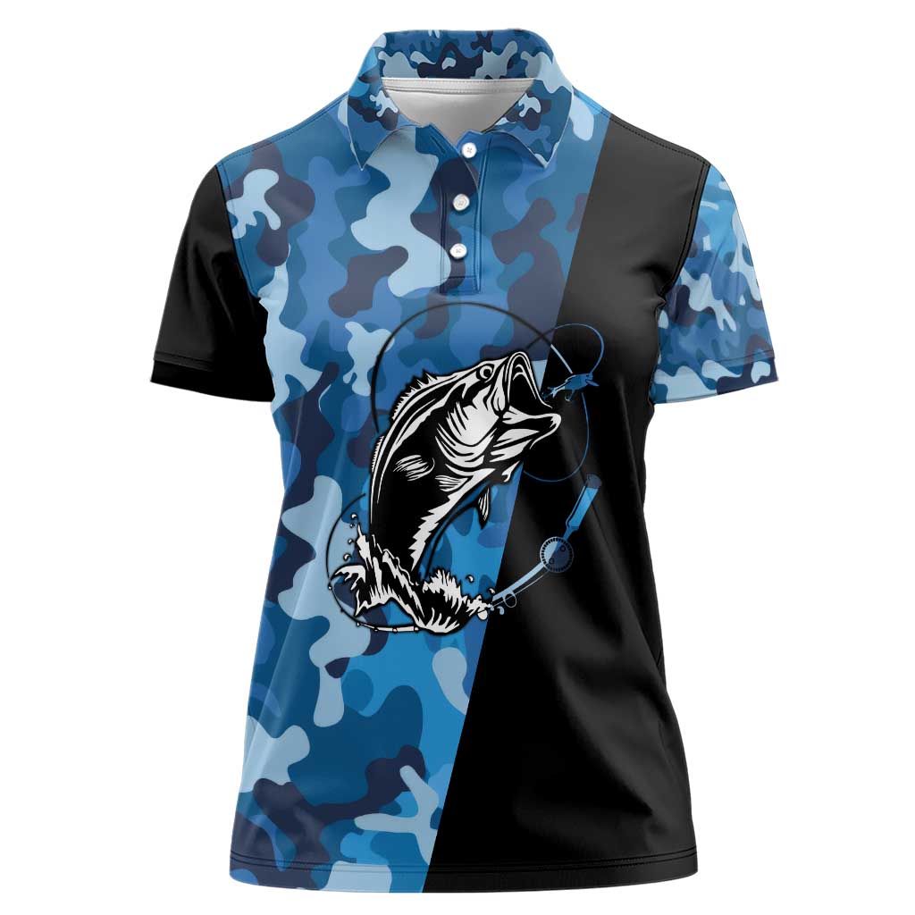 Custom Blue Camo Bass Fishing Women Polo Shirt Fishing Rod Graphic Design - Wonder Print Shop