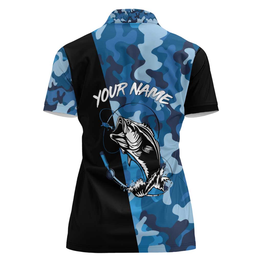 Custom Blue Camo Bass Fishing Women Polo Shirt Fishing Rod Graphic Design - Wonder Print Shop