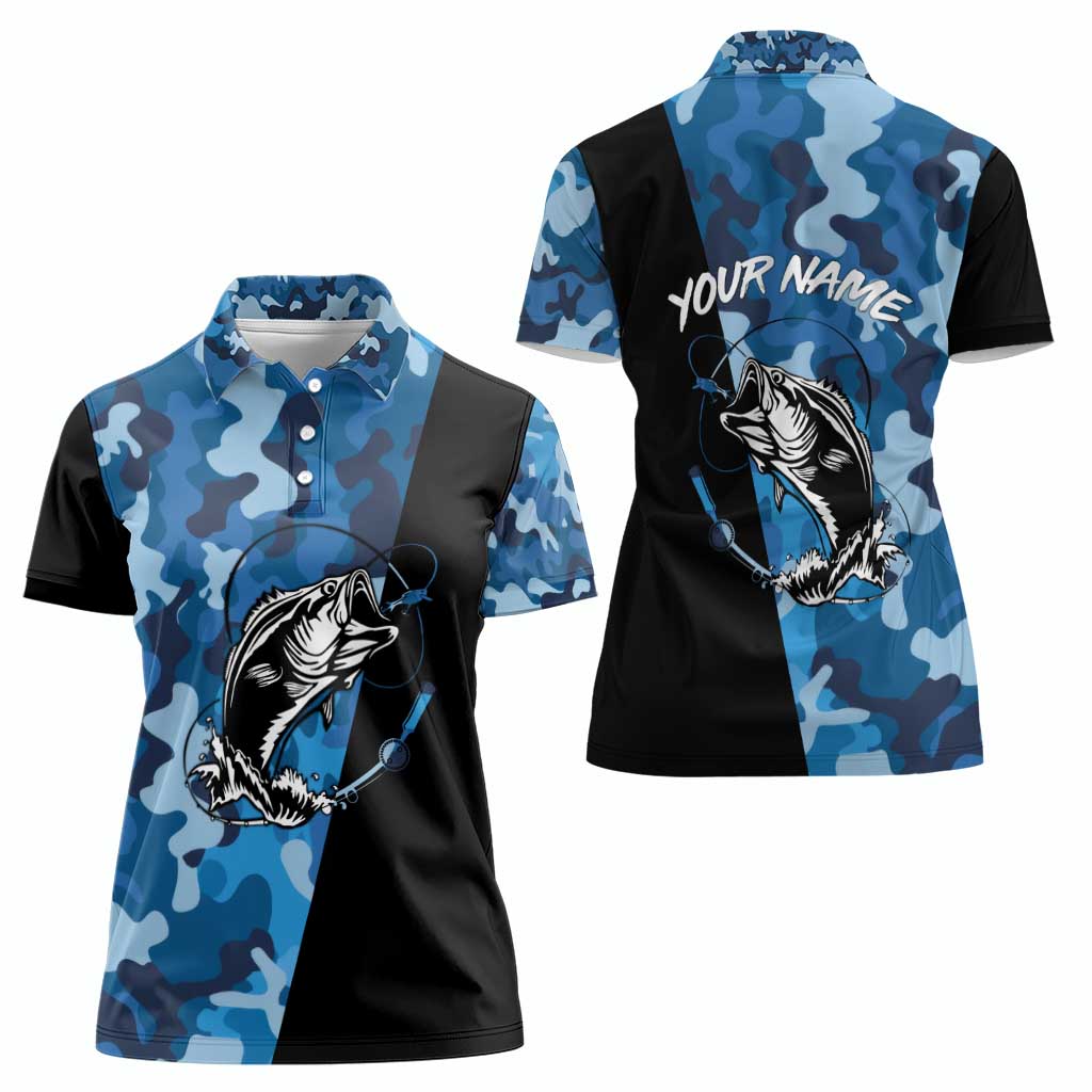 Custom Blue Camo Bass Fishing Women Polo Shirt Fishing Rod Graphic Design - Wonder Print Shop