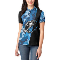 Custom Blue Camo Bass Fishing Women Polo Shirt Fishing Rod Graphic Design - Wonder Print Shop