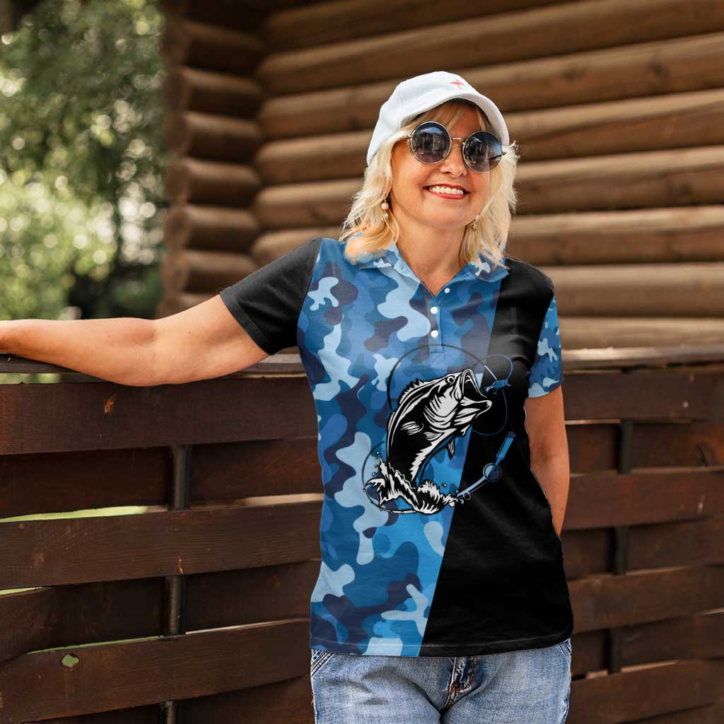 Custom Blue Camo Bass Fishing Women Polo Shirt Fishing Rod Graphic Design - Wonder Print Shop