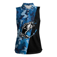 Custom Blue Camo Bass Fishing Women Sleeveless Polo Shirt Fishing Rod Graphic Design - Wonder Print Shop