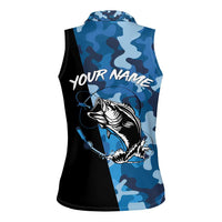 Custom Blue Camo Bass Fishing Women Sleeveless Polo Shirt Fishing Rod Graphic Design - Wonder Print Shop