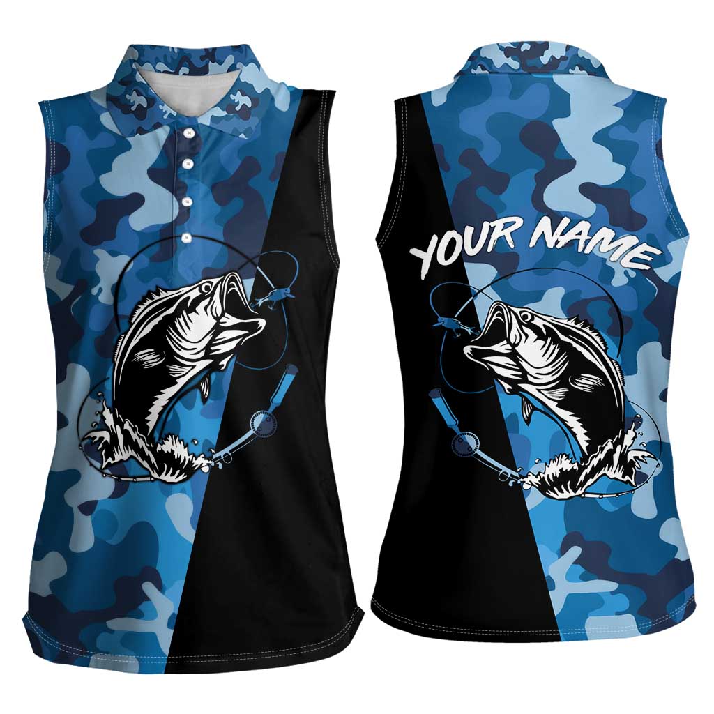 Custom Blue Camo Bass Fishing Women Sleeveless Polo Shirt Fishing Rod Graphic Design - Wonder Print Shop