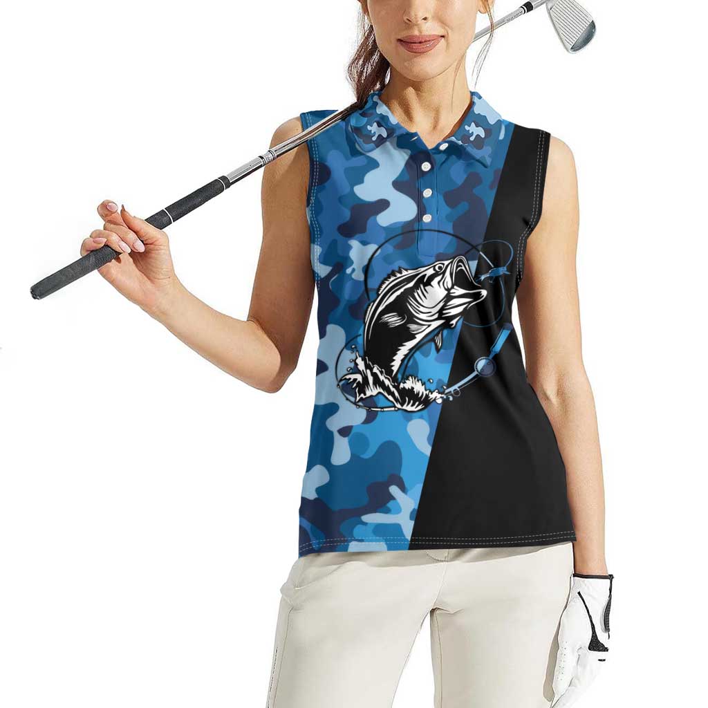 Custom Blue Camo Bass Fishing Women Sleeveless Polo Shirt Fishing Rod Graphic Design - Wonder Print Shop