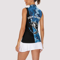 Custom Blue Camo Bass Fishing Women Sleeveless Polo Shirt Fishing Rod Graphic Design - Wonder Print Shop