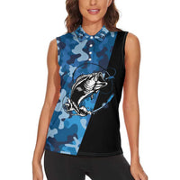 Custom Blue Camo Bass Fishing Women Sleeveless Polo Shirt Fishing Rod Graphic Design - Wonder Print Shop