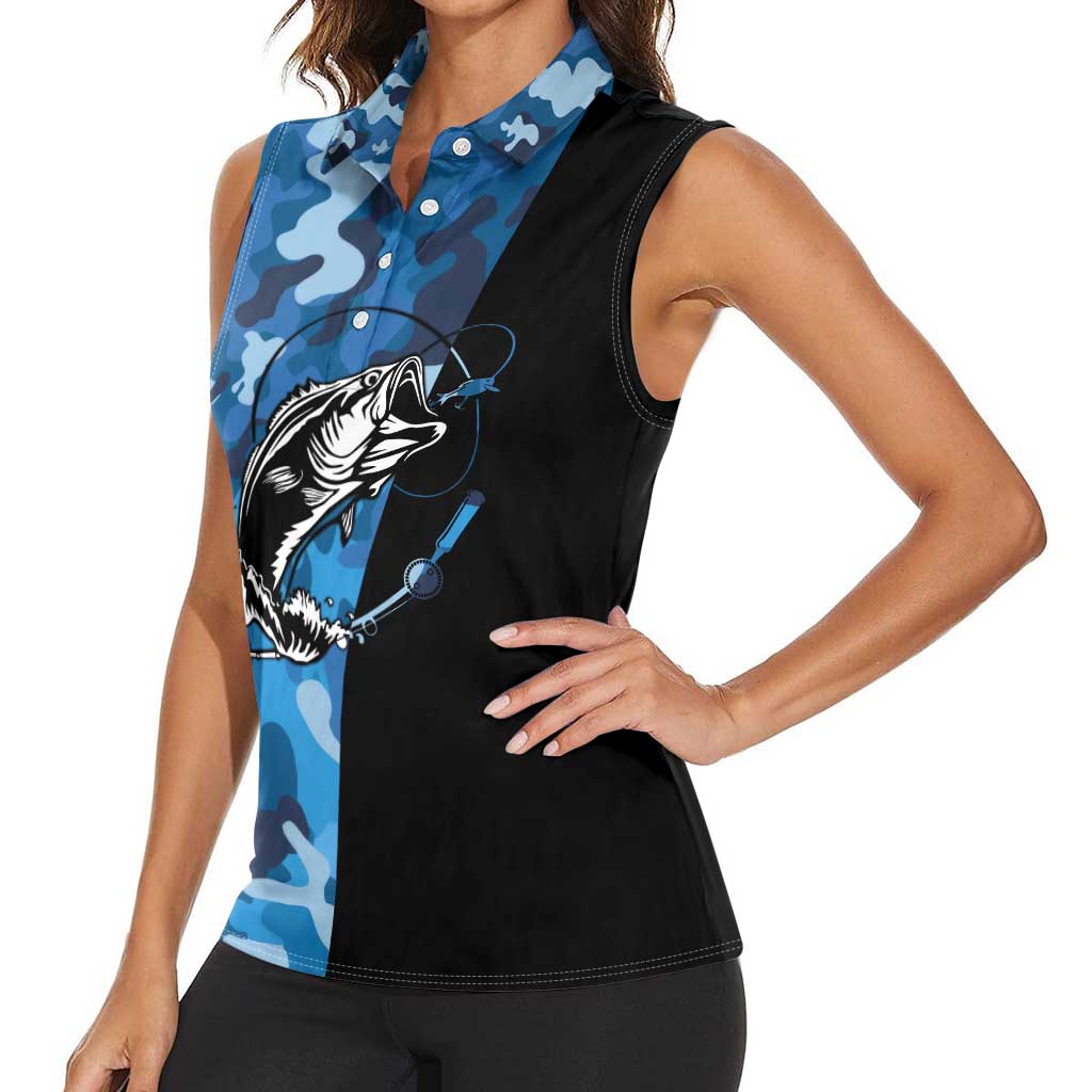 Custom Blue Camo Bass Fishing Women Sleeveless Polo Shirt Fishing Rod Graphic Design - Wonder Print Shop