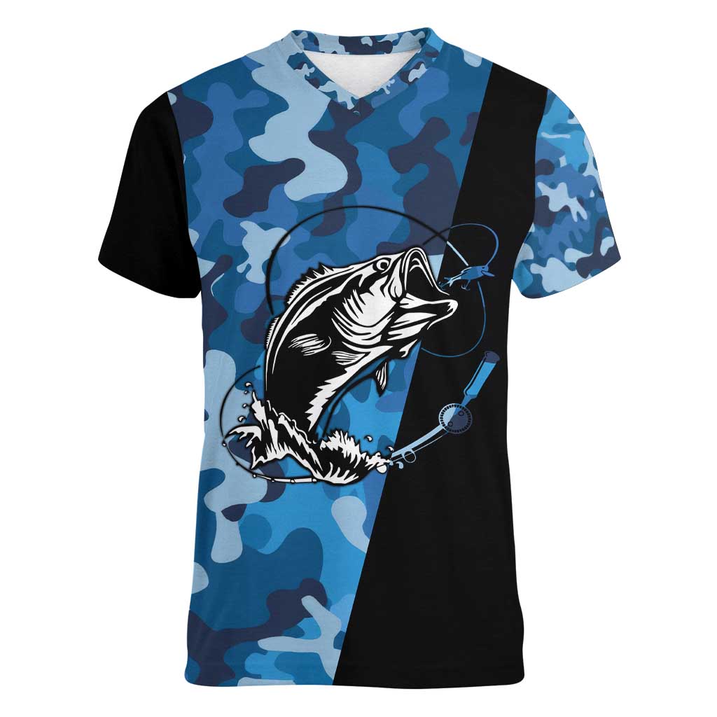 Custom Blue Camo Bass Fishing Women V-Neck T-Shirt Fishing Rod Graphic Design - Wonder Print Shop