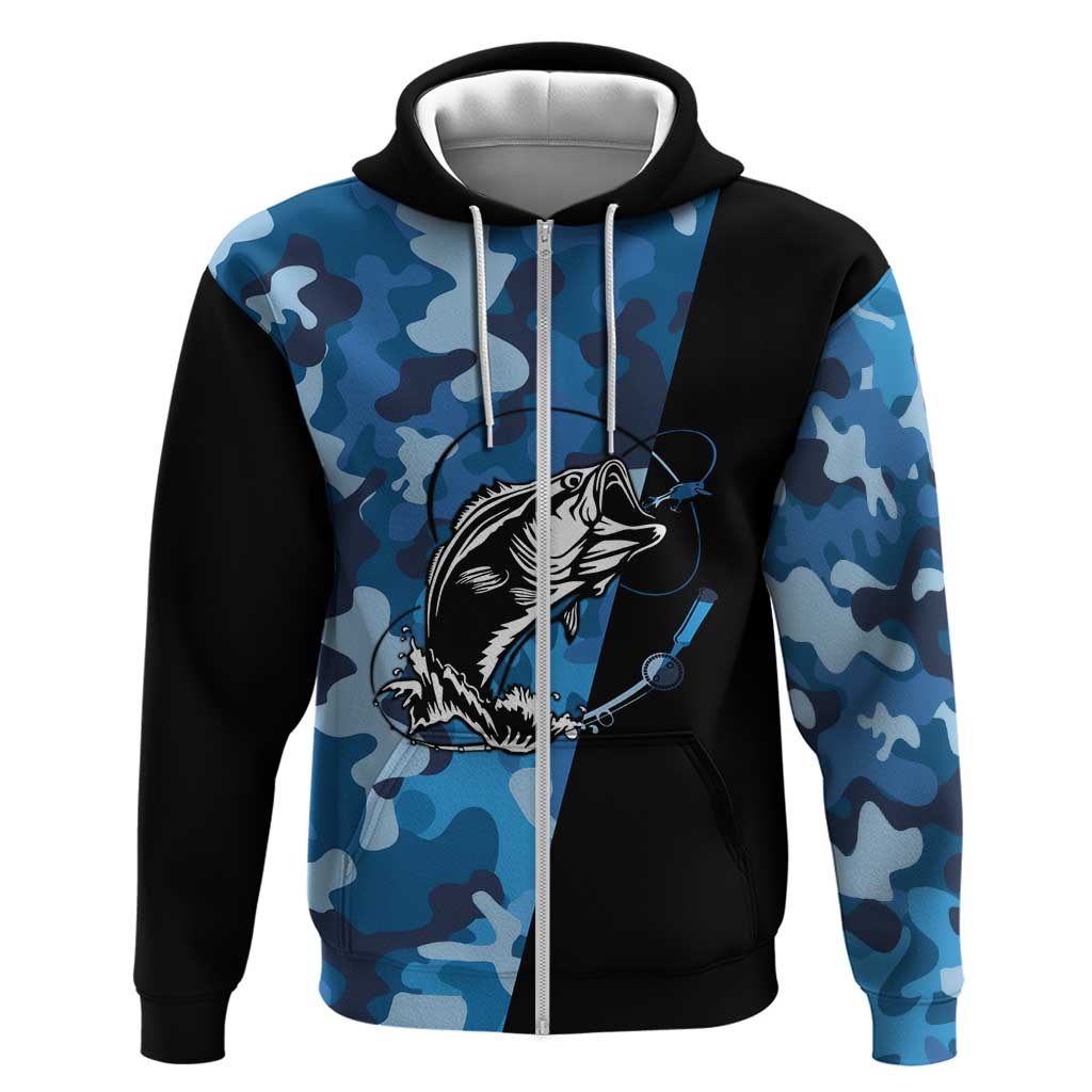 Custom Blue Camo Bass Fishing Zip Hoodie Fishing Rod Graphic Design - Wonder Print Shop