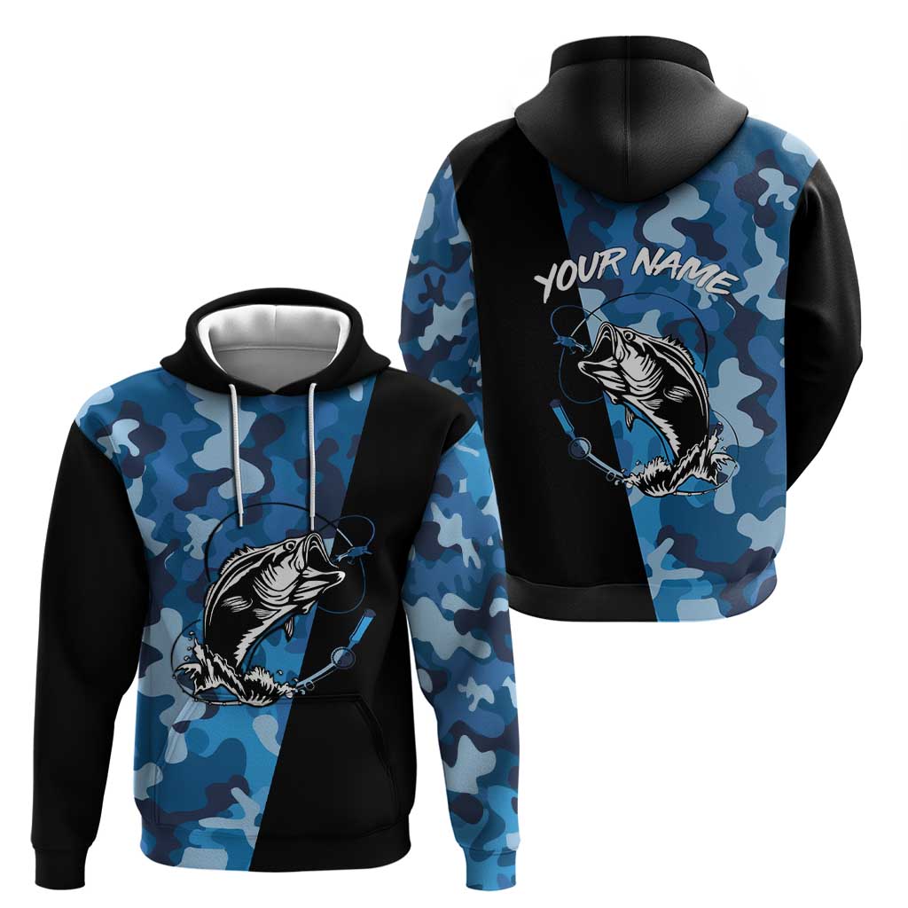 Custom Blue Camo Bass Fishing Zip Hoodie Fishing Rod Graphic Design - Wonder Print Shop