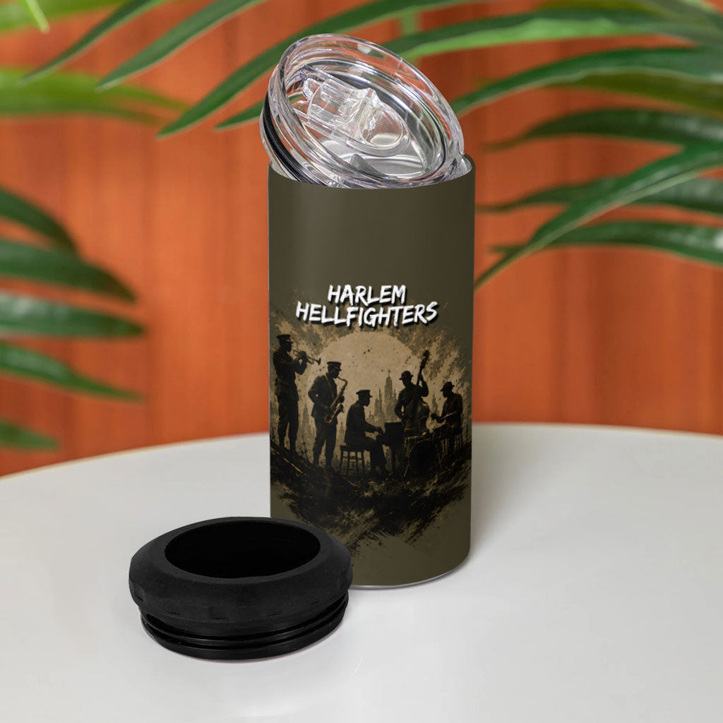 Harlem Hellfighters WWI Soldier 4 in 1 Can Cooler Tumbler Vintage Military Hero Jazz Band Silhouette Art