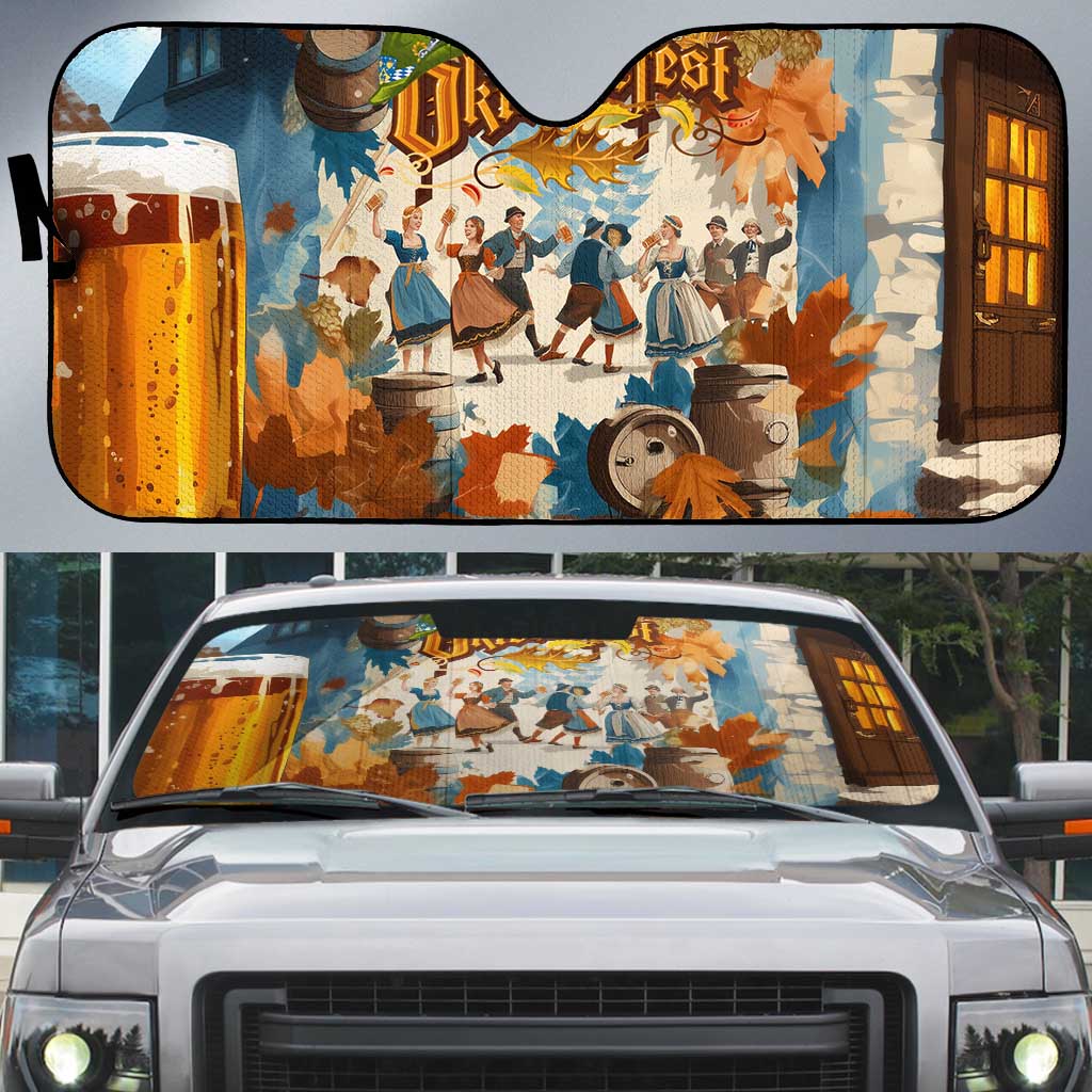 Oktoberfest Auto Sun Shade with Beer Mug Illustration White Diamond Pattern - Wonder Print Shop
