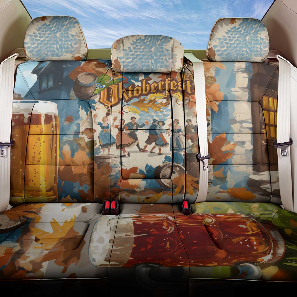Oktoberfest Back Car Seat Cover with Beer Mug Illustration White Diamond Pattern - Wonder Print Shop