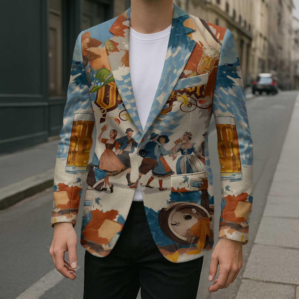 Oktoberfest Blazer with Beer Mug Illustration White Diamond Pattern - Wonder Print Shop