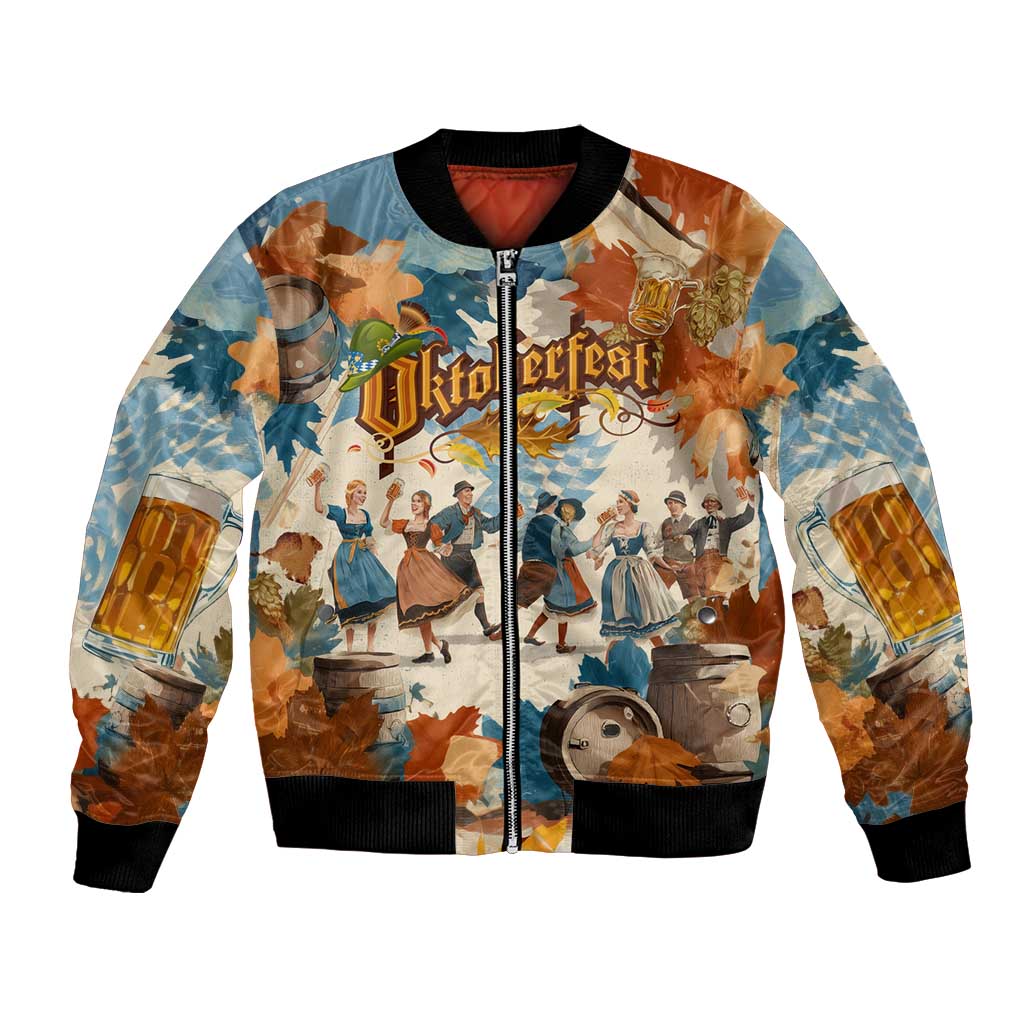 Oktoberfest Bomber Jacket with Beer Mug Illustration White Diamond Pattern - Wonder Print Shop