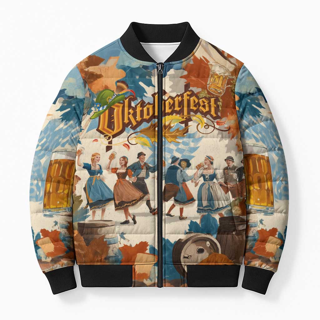 Oktoberfest Bomber Puffer Jacket with Beer Mug Illustration White Diamond Pattern - Wonder Print Shop