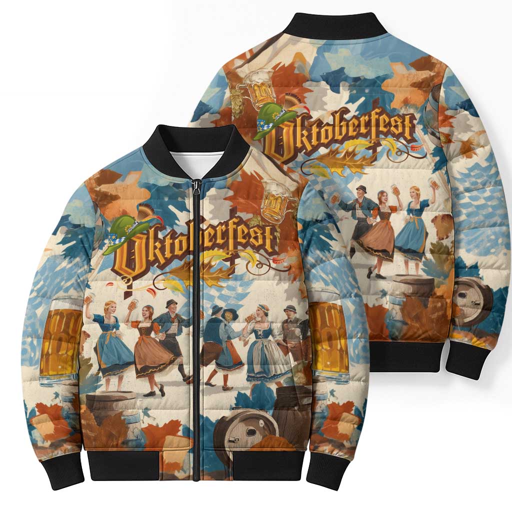 Oktoberfest Bomber Puffer Jacket with Beer Mug Illustration White Diamond Pattern - Wonder Print Shop