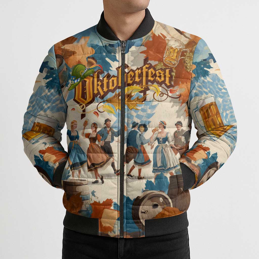 Oktoberfest Bomber Puffer Jacket with Beer Mug Illustration White Diamond Pattern - Wonder Print Shop