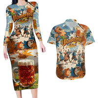 Oktoberfest Couples Matching Long Sleeve Bodycon Dress and Hawaiian Shirt with Beer Mug Illustration White Diamond Pattern - Wonder Print Shop