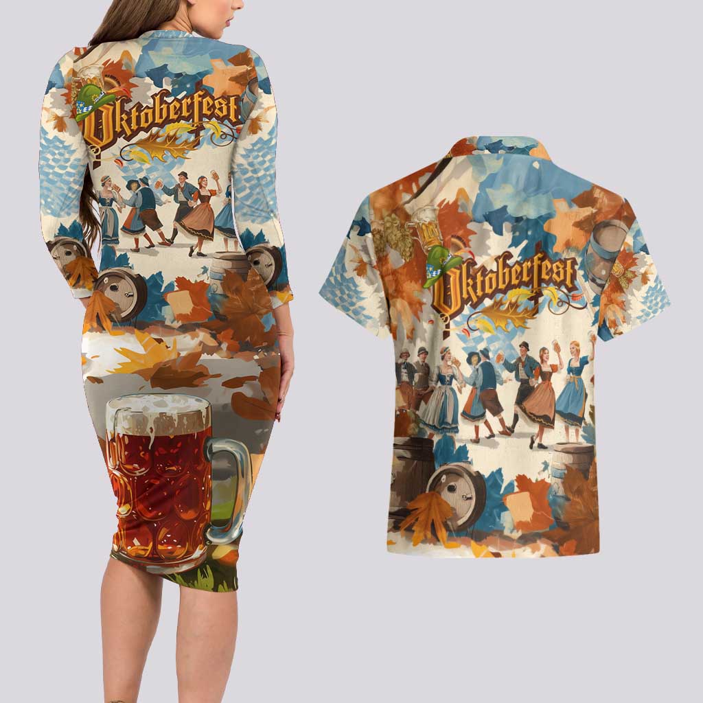 Oktoberfest Couples Matching Long Sleeve Bodycon Dress and Hawaiian Shirt with Beer Mug Illustration White Diamond Pattern - Wonder Print Shop