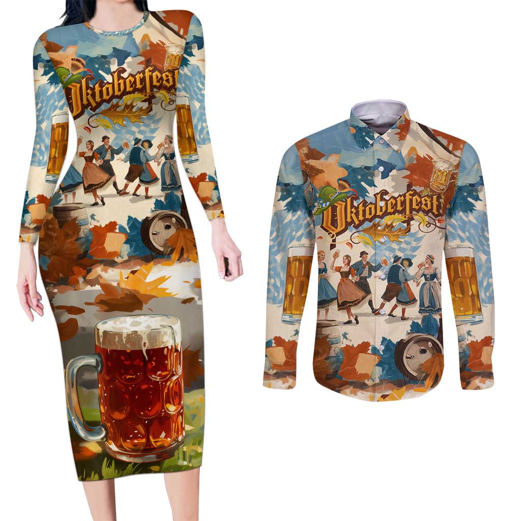 Oktoberfest Couples Matching Long Sleeve Bodycon Dress and Long Sleeve Button Shirt with Beer Mug Illustration White Diamond Pattern - Wonder Print Shop