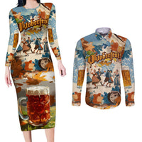 Oktoberfest Couples Matching Long Sleeve Bodycon Dress and Long Sleeve Button Shirt with Beer Mug Illustration White Diamond Pattern - Wonder Print Shop