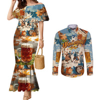Oktoberfest Couples Matching Mermaid Dress and Long Sleeve Button Shirt with Beer Mug Illustration White Diamond Pattern - Wonder Print Shop