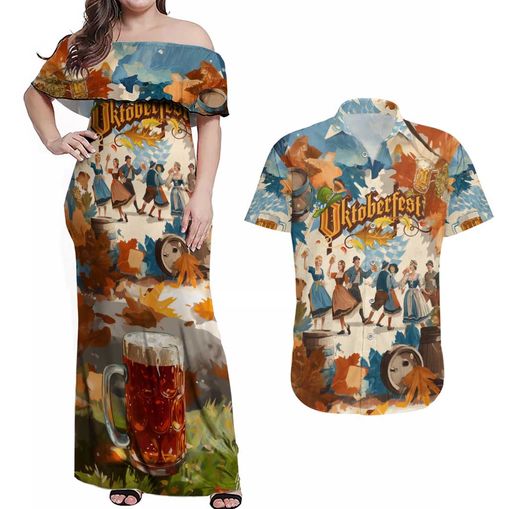 Oktoberfest Couples Matching Off Shoulder Maxi Dress and Hawaiian Shirt with Beer Mug Illustration White Diamond Pattern - Wonder Print Shop