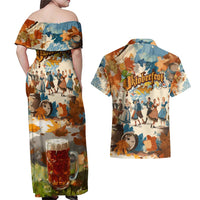 Oktoberfest Couples Matching Off Shoulder Maxi Dress and Hawaiian Shirt with Beer Mug Illustration White Diamond Pattern - Wonder Print Shop