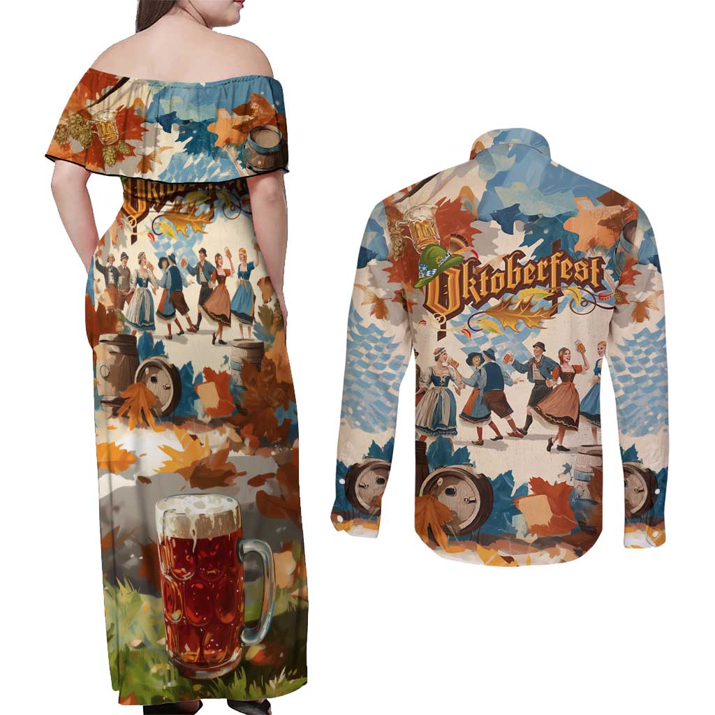 Oktoberfest Couples Matching Off Shoulder Maxi Dress and Long Sleeve Button Shirt with Beer Mug Illustration White Diamond Pattern - Wonder Print Shop