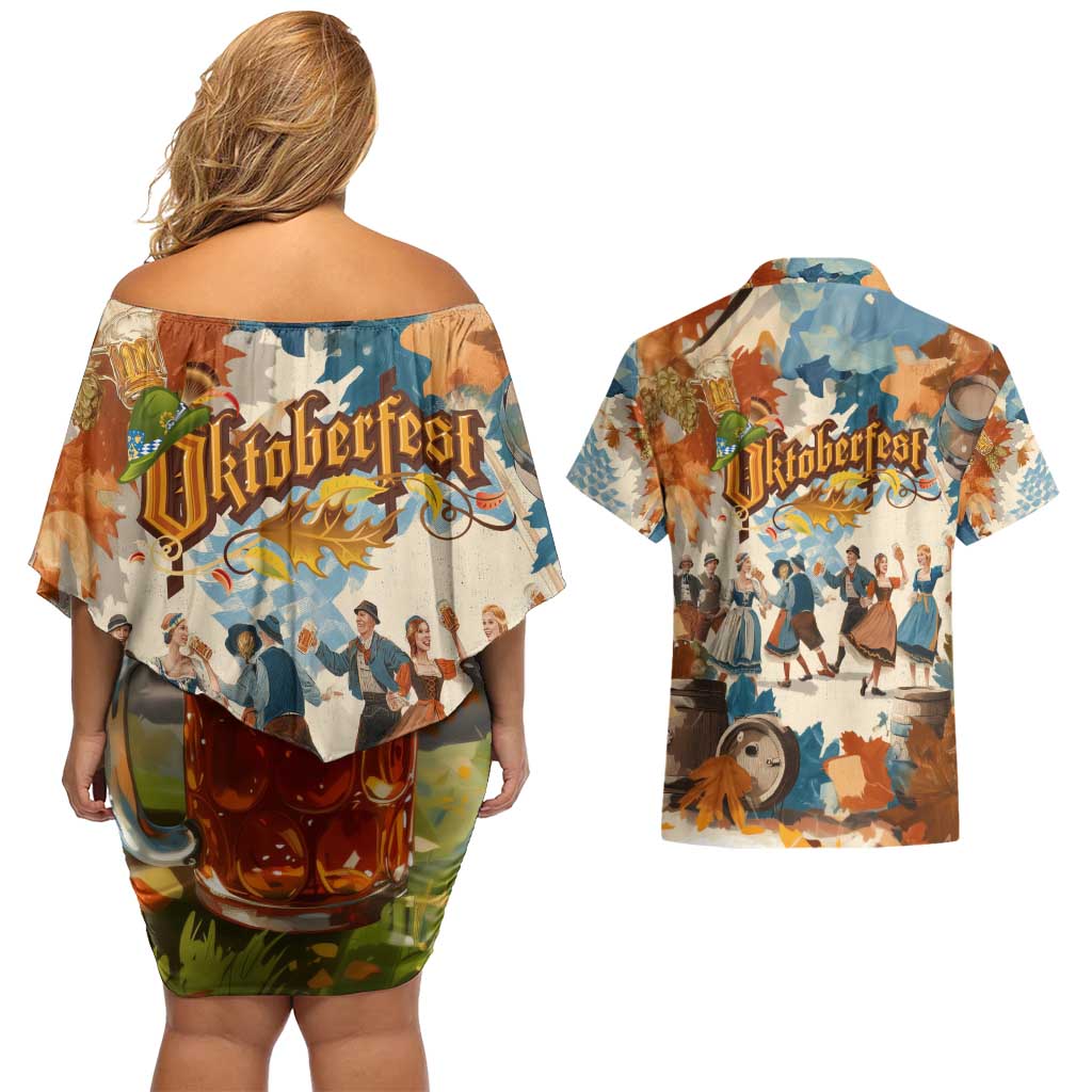 Oktoberfest Couples Matching Off Shoulder Short Dress and Hawaiian Shirt with Beer Mug Illustration White Diamond Pattern - Wonder Print Shop
