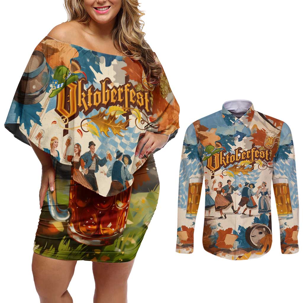 Oktoberfest Couples Matching Off Shoulder Short Dress and Long Sleeve Button Shirt with Beer Mug Illustration White Diamond Pattern - Wonder Print Shop