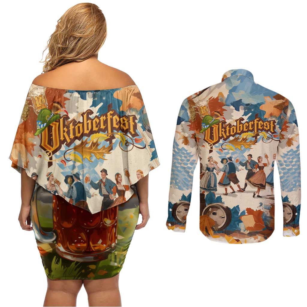 Oktoberfest Couples Matching Off Shoulder Short Dress and Long Sleeve Button Shirt with Beer Mug Illustration White Diamond Pattern - Wonder Print Shop