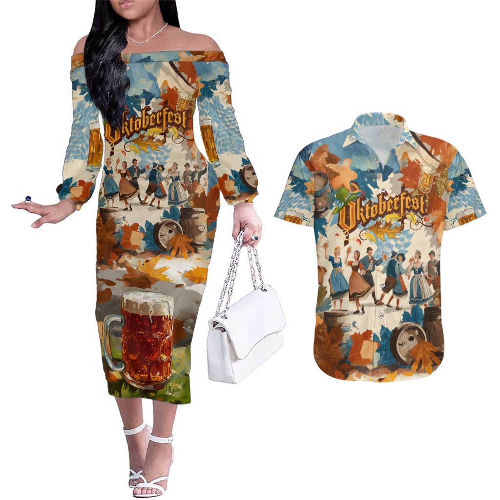 Oktoberfest Couples Matching Off The Shoulder Long Sleeve Dress and Hawaiian Shirt with Beer Mug Illustration White Diamond Pattern - Wonder Print Shop