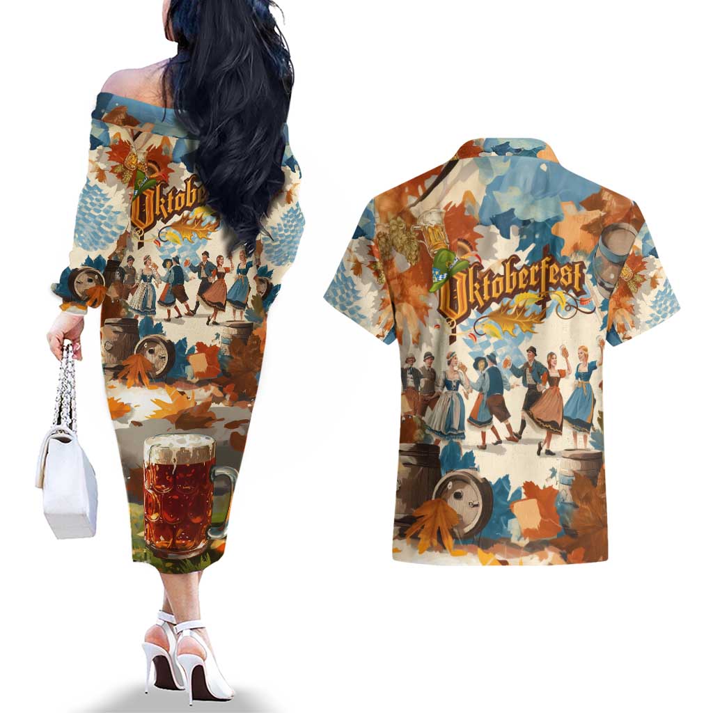 Oktoberfest Couples Matching Off The Shoulder Long Sleeve Dress and Hawaiian Shirt with Beer Mug Illustration White Diamond Pattern - Wonder Print Shop