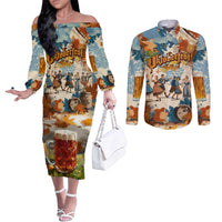 Oktoberfest Couples Matching Off The Shoulder Long Sleeve Dress and Long Sleeve Button Shirt with Beer Mug Illustration White Diamond Pattern - Wonder Print Shop