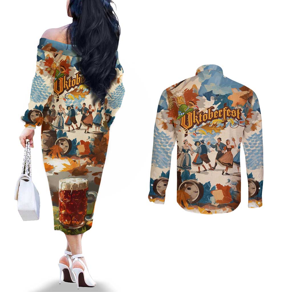 Oktoberfest Couples Matching Off The Shoulder Long Sleeve Dress and Long Sleeve Button Shirt with Beer Mug Illustration White Diamond Pattern - Wonder Print Shop