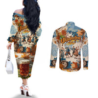 Oktoberfest Couples Matching Off The Shoulder Long Sleeve Dress and Long Sleeve Button Shirt with Beer Mug Illustration White Diamond Pattern - Wonder Print Shop
