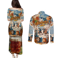 Oktoberfest Couples Matching Puletasi and Long Sleeve Button Shirt with Beer Mug Illustration White Diamond Pattern - Wonder Print Shop