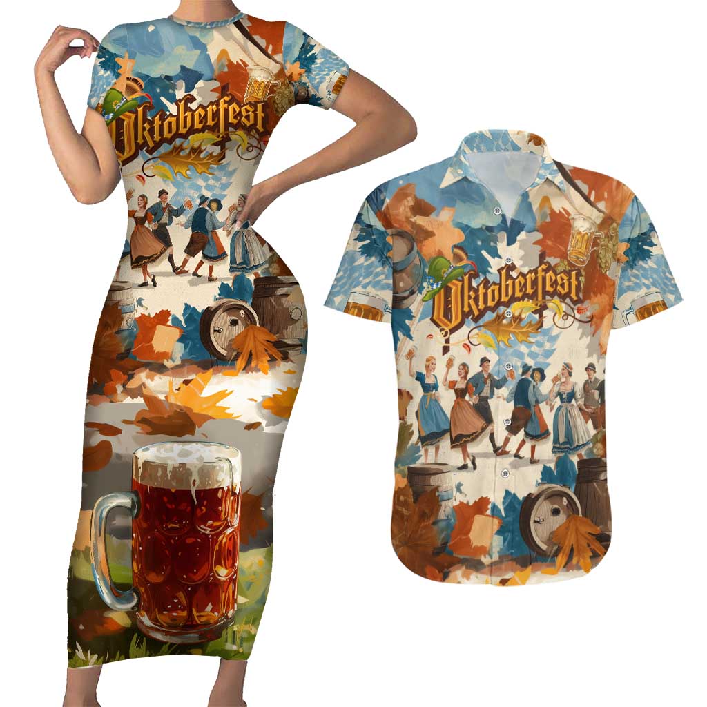 Oktoberfest Couples Matching Short Sleeve Bodycon Dress and Hawaiian Shirt with Beer Mug Illustration White Diamond Pattern - Wonder Print Shop